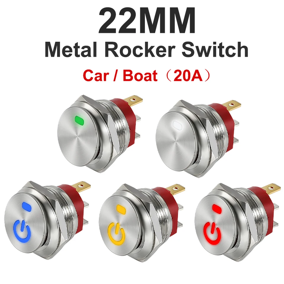 22 mm kovový prepínač prepínača LED osvetlené auto RV Automatické člnové prístrojové panely Self-Locking 12V 24V 20A Off 3 PIN SPST 220V 15A