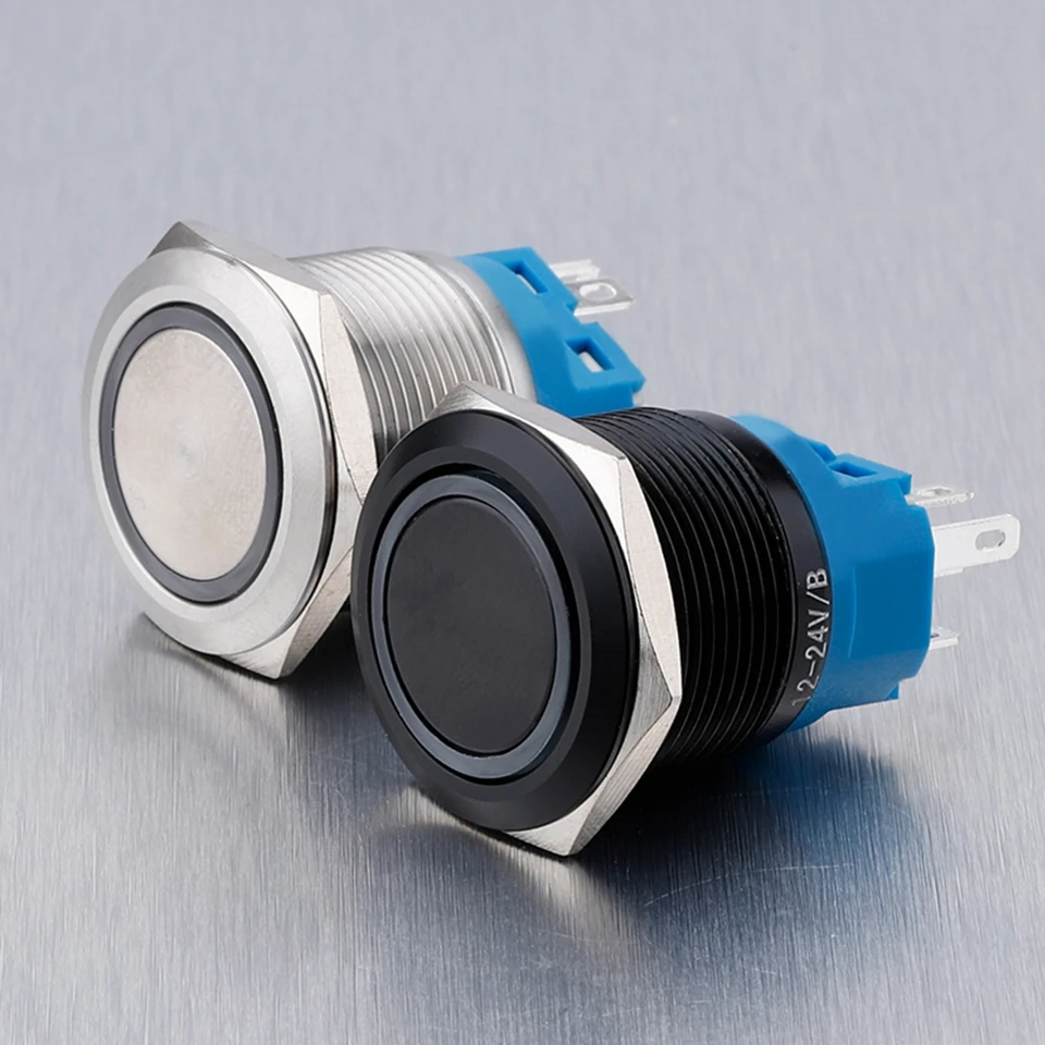 22 mm s plochým hlavičkovým krúžkom LED svetlo 1NO1NC kovový spínač tlačidla 3A250VAC MAMPLE/LATCHING BLAKC SHELL TLAČ