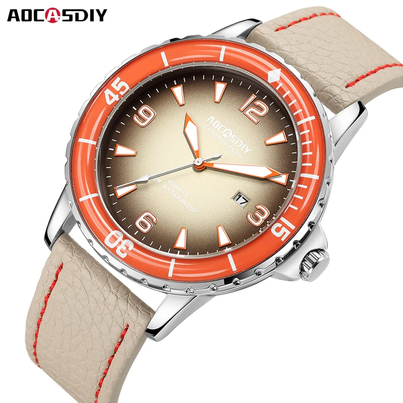 22 mm vysokokvalitné kožené remienok Príležitostné hodinky pre mužov potápanie športových hodiniek Svetlo Dátum Quartz Watch Watch Waterproof Man Clock