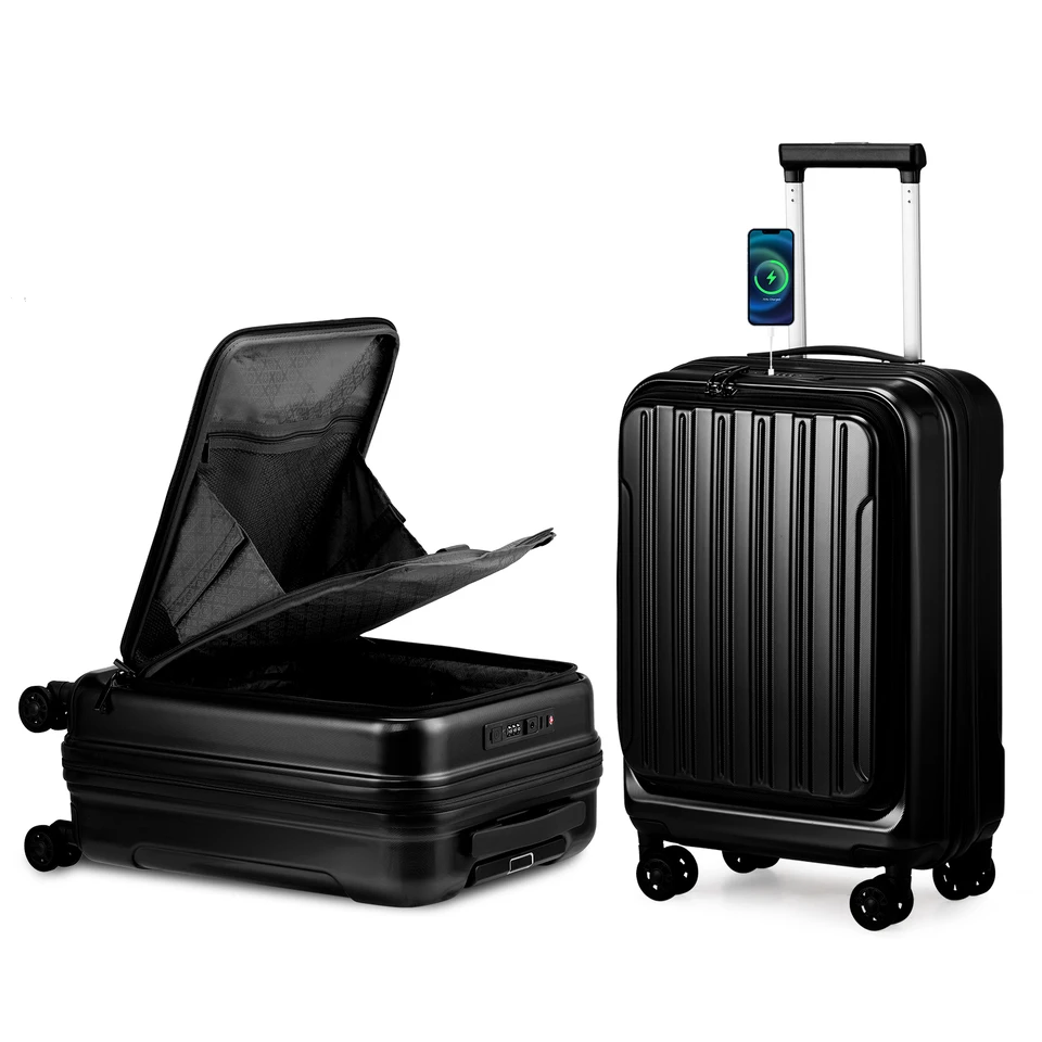 22 × 14 × 9 leteckých spoločností schválených s portom USB, ABS+PC 20 -palcová batožina s predným priestorom, dvojité kolesá rozmetávačov, TSA Lock Black