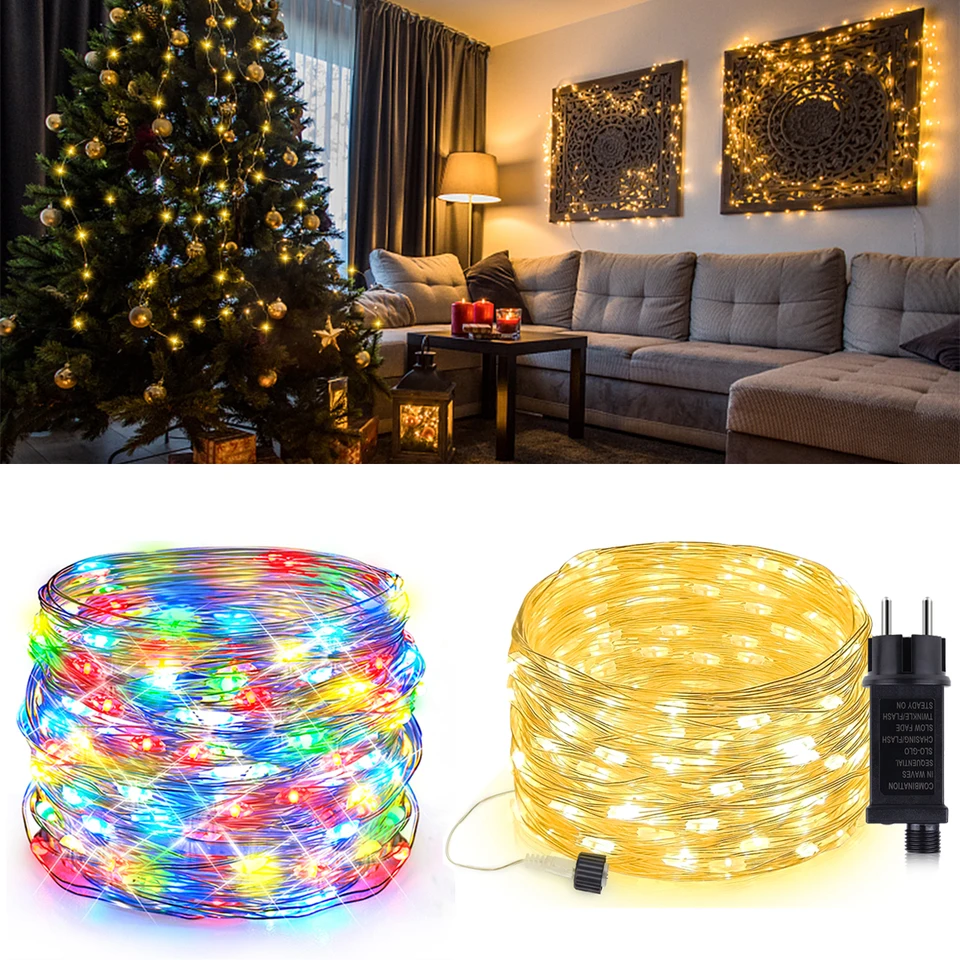 220V 110V LED reťazce svetlá Copper drôt Girland Light Wate odolné vianočné vianočné oslavy záclony na stenu dekorácie Lighing Fairy Lamp