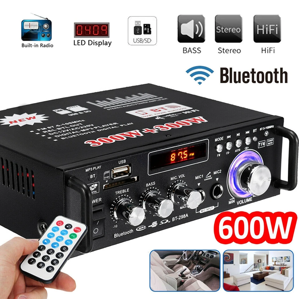220V 600W Bluetooth zosilňovač USB HIFI Stereo Digital Home CAR Audio s diaľkovým ovládaním USB SD FM MIC CAR HOMETICKÉHO DICKETU