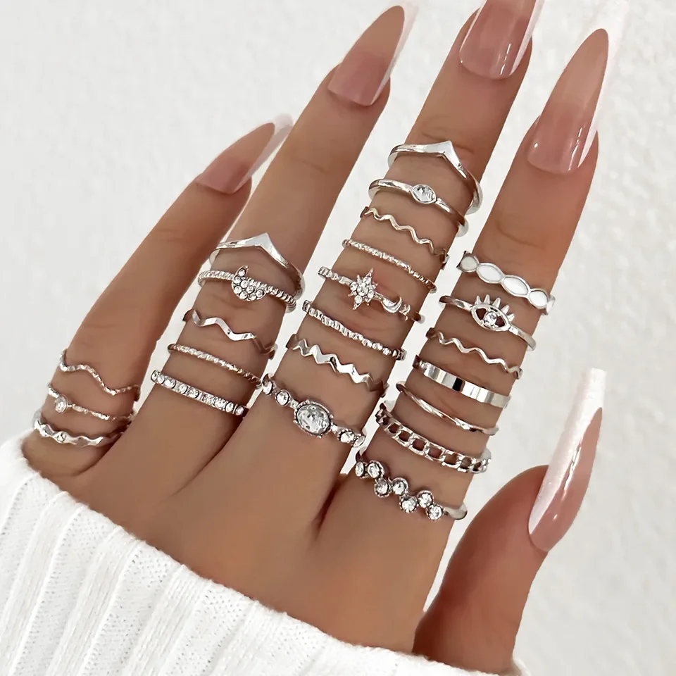23ps módne kĺbové prstene súpravy pre ženy Crystal Star Moon Eye Wave Gold Silver Color Rings Female Trendy Party Darček