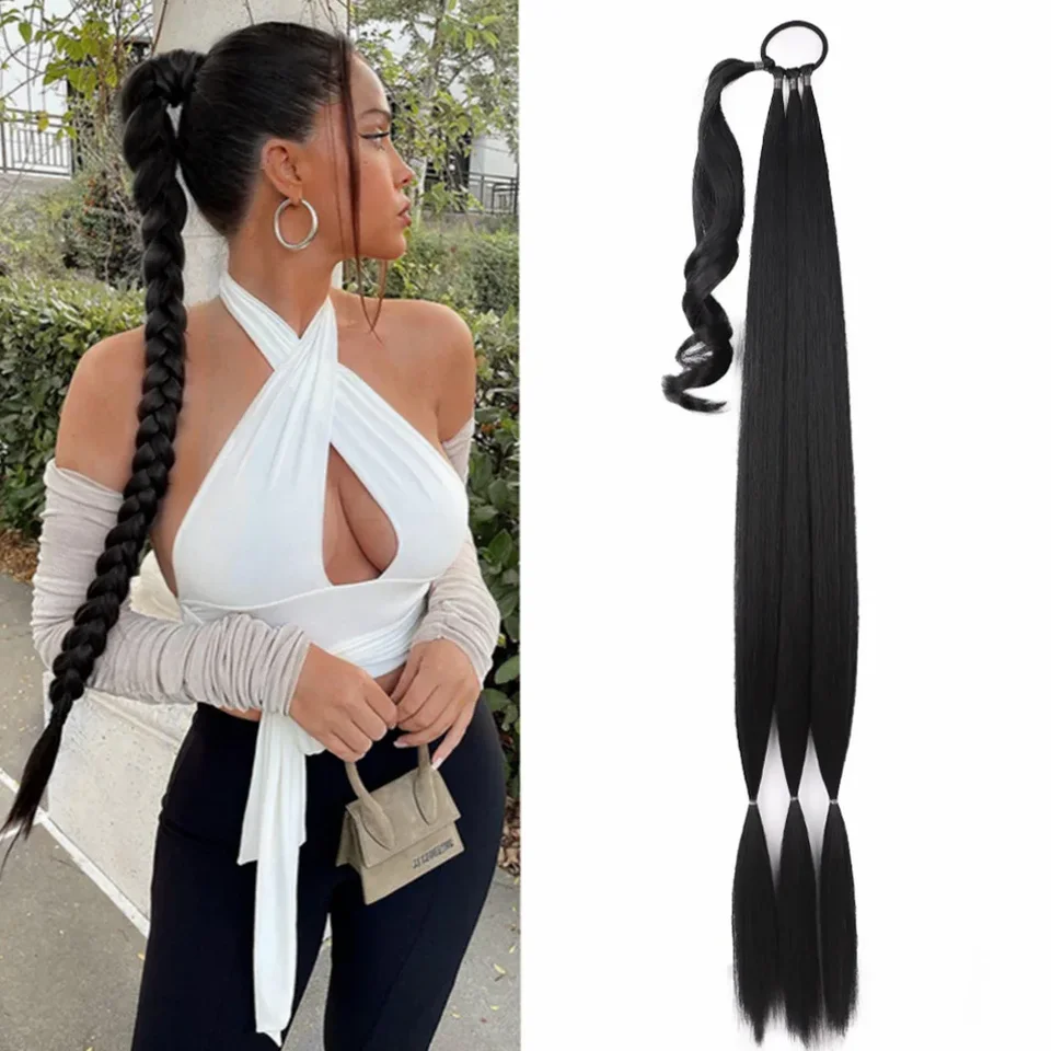 24/30inch Syntetické dlhé pletené cytail Hair Extensions Syntetické boxerské vrkôčiky ovinie okolo Chignon Tail s gumovým pásom