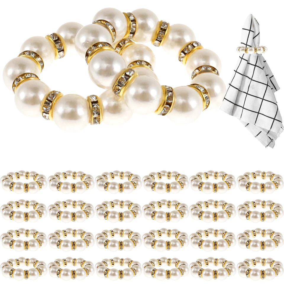 24/96ks perlové obrúsky prstene Elegantné korálkové držiak na obrúsky natiahnutý kamienok Serviette Rings Dekoratívne svadobné hostiny