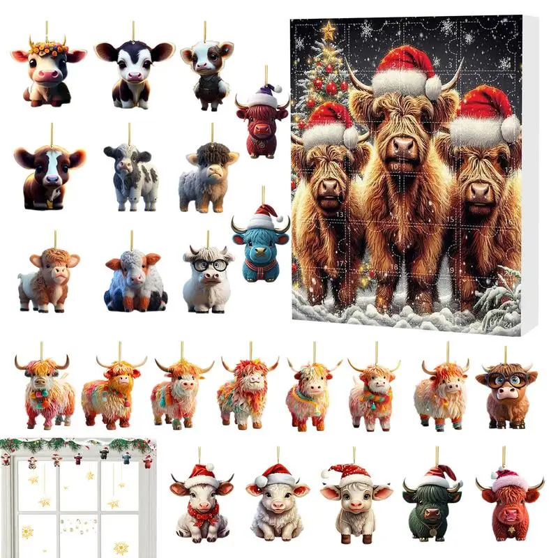 24-dňový vianočný adventný kalendár Roztomilý a jedinečný Highland Cow vianočné odpočítavanie ozdobných ozdobných darčekov pre rodinu a priateľov