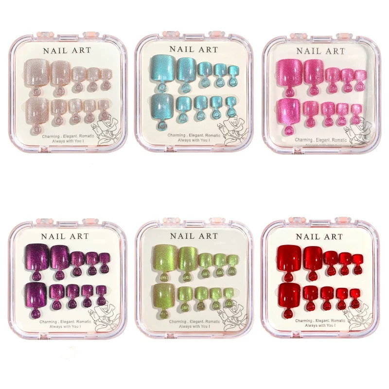 24 ks opakovane použiteľné mačacie očné lisy na špičke Krátke štvorcové nechty na nohách Glossy Full Cover Glitter False Pečene pre ženy a dievčatá