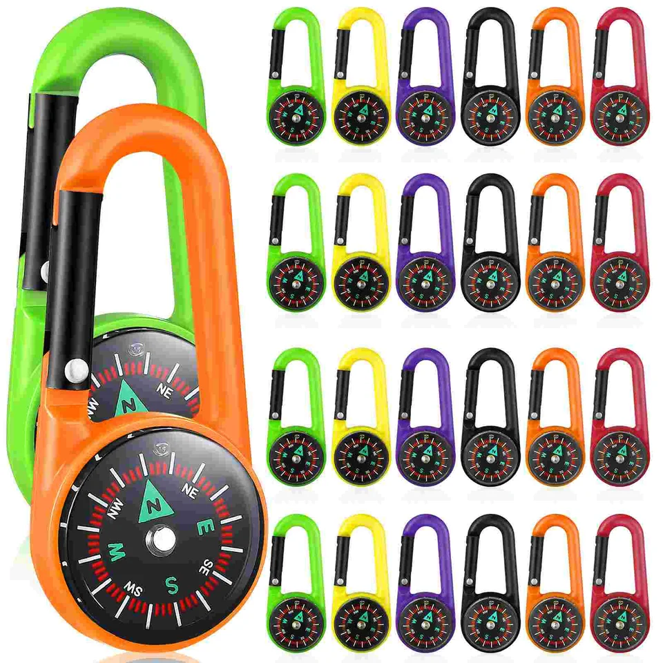 24 ks Plastový sprievodca Compass Carabiner Termometer Mini Camping Turistic Turistic Tovar Keychain Lanyard Detské lezenie Bousole