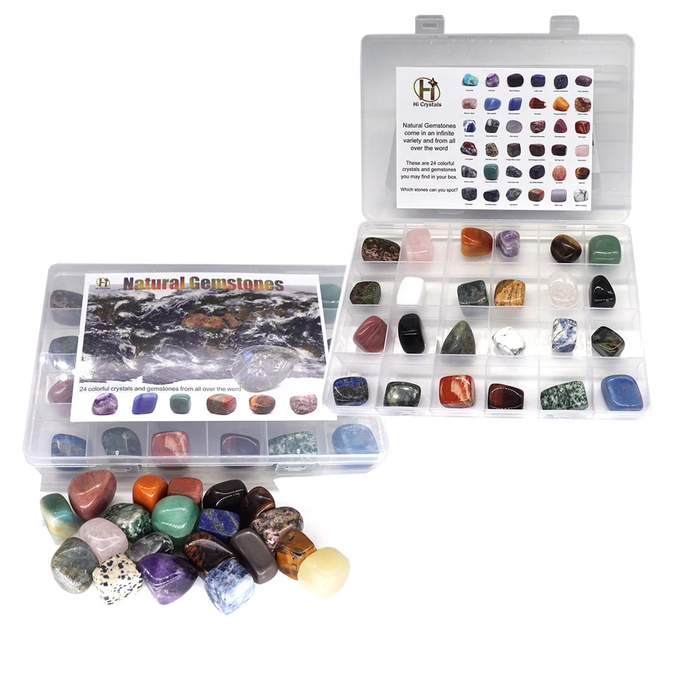 24 ks/set Prírodné liečivé kryštály minerálne vzorky Nepravidelné poklesli kamene Rock Collection Box pre výskum výskumov výučby