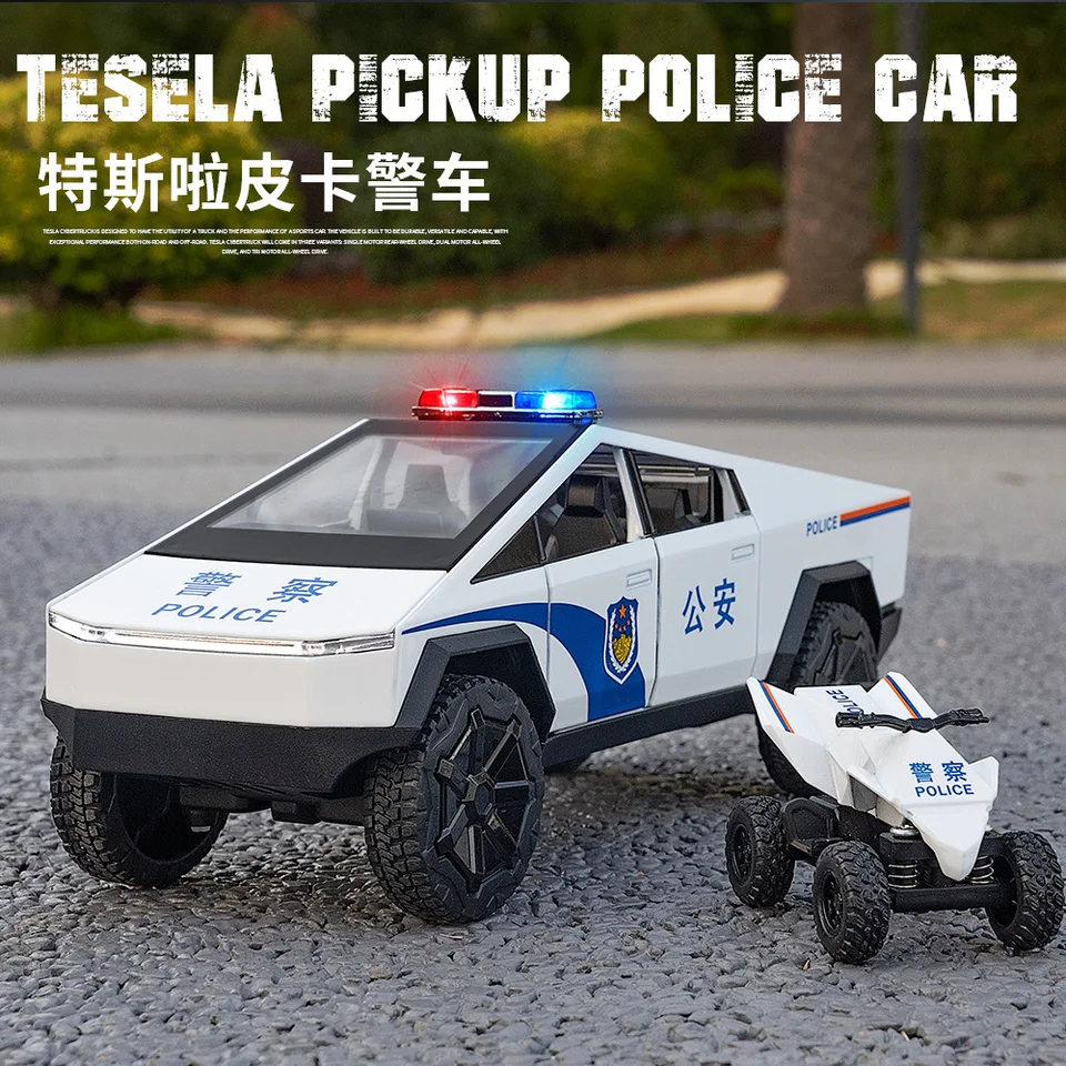 : 24 Tesla Pickup Police CAR High Simulation Diecast Metal Model Model Sound Light Pull Back Collection