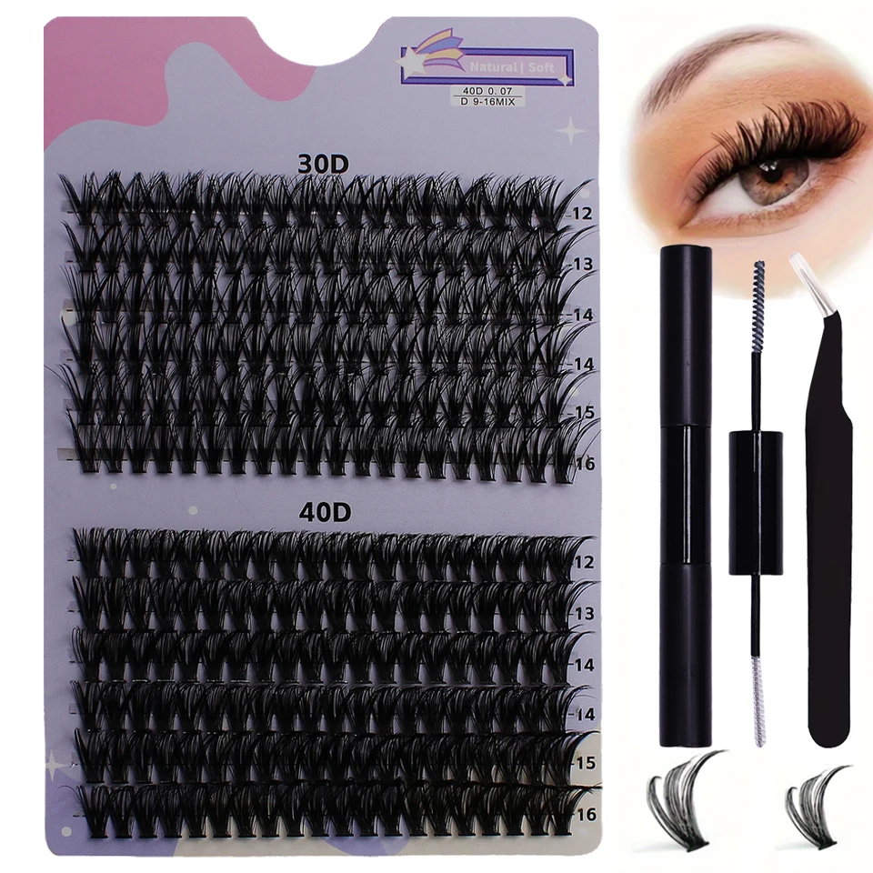 240 ks False Lashes Cluster D Curl Extensions Kit s lepidlom na mihalnice, tmel a pinzety, DIY Ripy