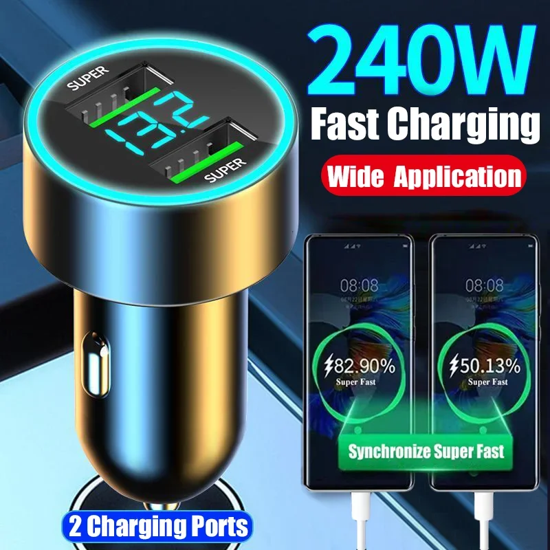 240 W nabíjačka automobilu Rýchle nabíjanie 2 USB Ports Adapter pre iPhone Samsung Xiaomi Rýchle nabíjacie nabíjačky s digitálnym displejom
