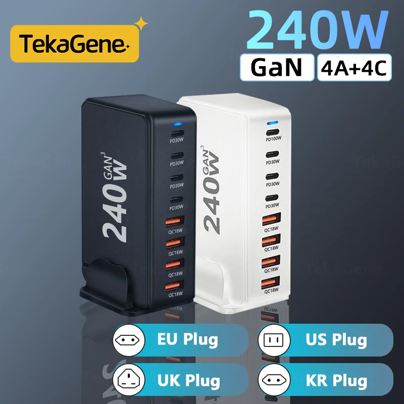 240W Desktop Gan Charger 8-Port USB Typ C PD nabíjačka Rýchly poplatok 3.0 USB Typ C Rýchla nabíjačka Mobilný nabíjačku USB240W Desktop Gan