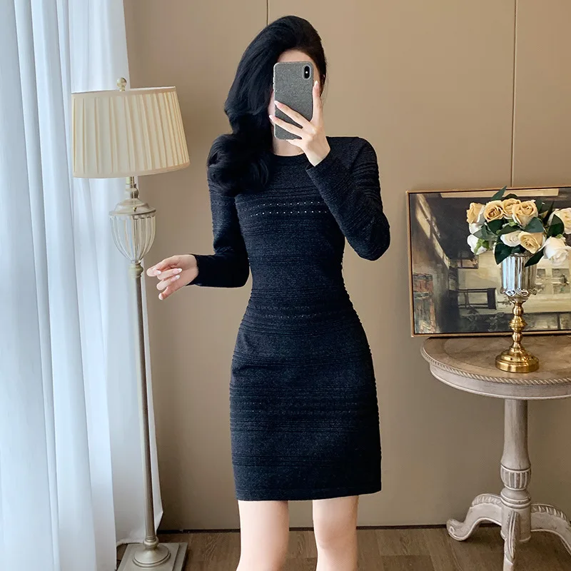 #2413black pletené oblečenie Mini šaty Ženy O-krk elastické pullové sveter Sweater Dlhý rukáv Sexy francúzske štýl Tesné krátke šaty Femme