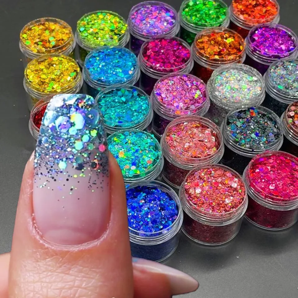 24Colors Holographic Festival Chunky Flowins zmiešaný prášok Iridescent Glitter vločky Kozmetické tvár tela očné vlasy na nechty Art Glitter
