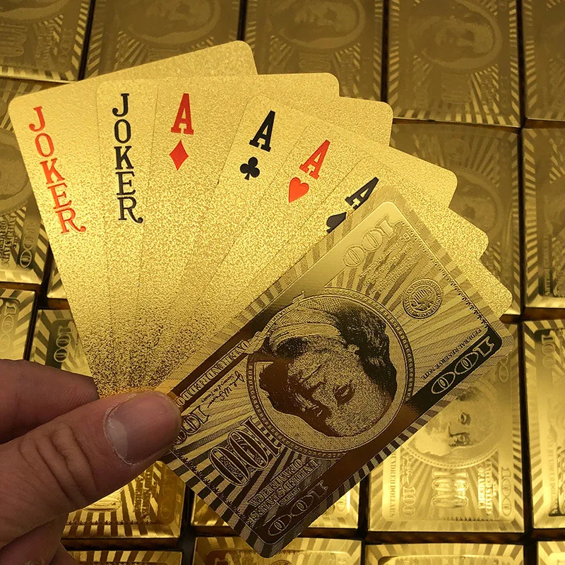 24k zlaté hracie karty Poker Game Gold Foil Poker Cards Nastavte vodotesné magické pokerové čipy stolové hry karty