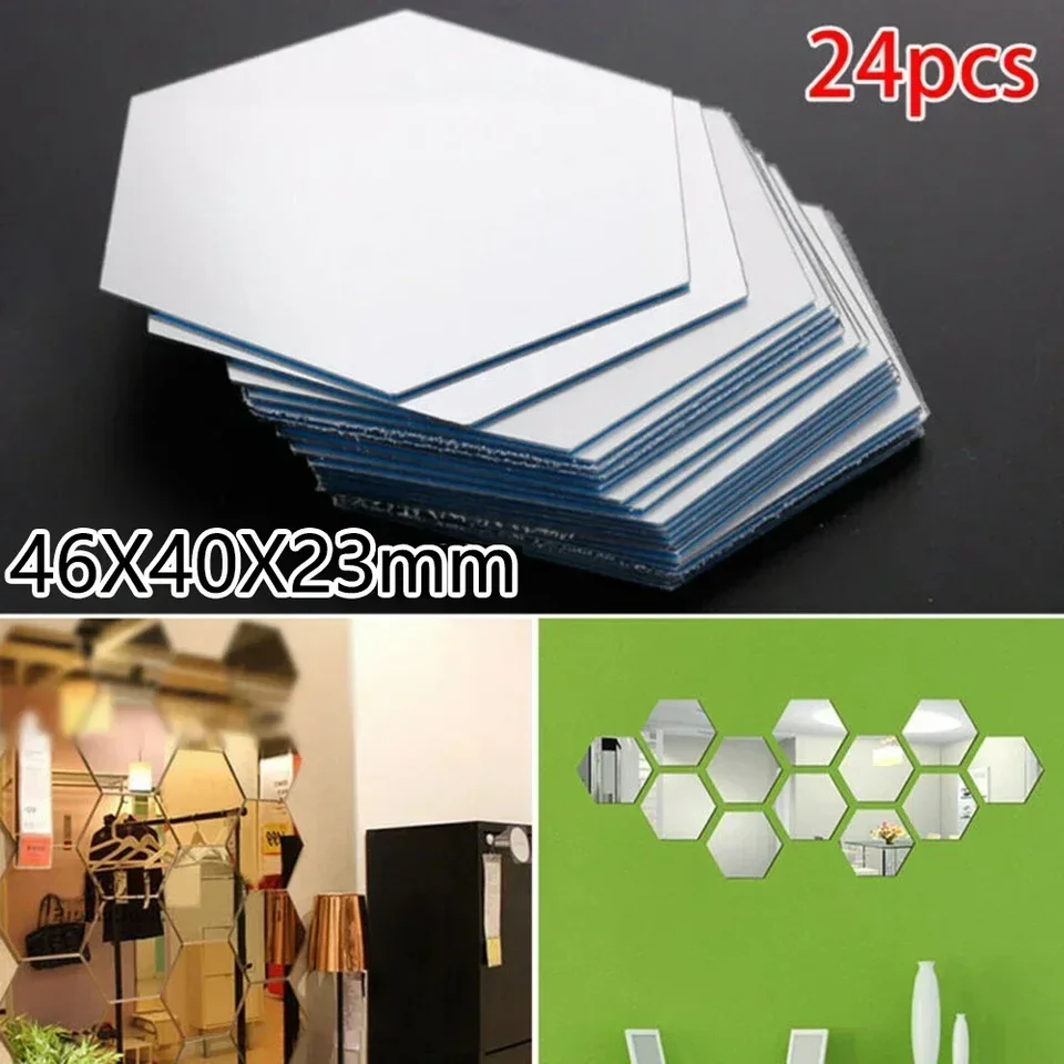 24ks 3D zrkadlo šesťuholníkových nálepiek na stenu odnímateľné umenia nálepky Domáca dekorácia nástenná maľba DIY strieborné akrylové reflexné zrkadlové nálepky na stenu