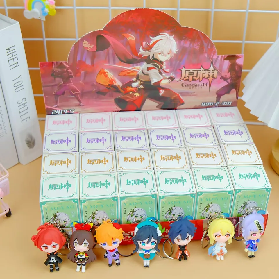 24ks/boxová hra Cartoon Xiao Morax Barbatos Amber Ganyu Paimon Bennett Tartaglia prívesok Keychain Roztomilý silikagél Keyrings Darček