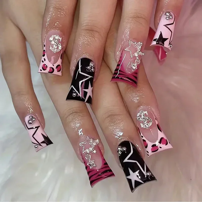 24ks Duckbill Press On Nails Leopard Tlač francúzskeho falošného nechtového prívesku Star Steel Ocel Full Cover Acryl Art Art for Women & Girl