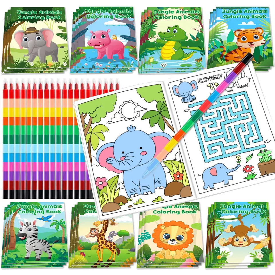 24ks džungľa Safari zvieratá sfarbenie kníh pre deti s 24 stohovacími pastelkami Mini sfarbenie párty