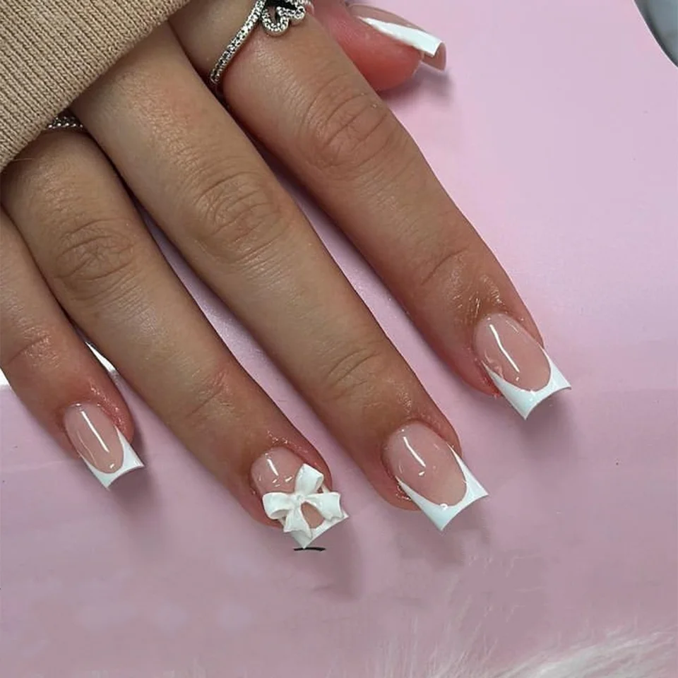 24ks krátky balet False nechty s dizajnom luku biely francúzsky lis na nechty nositeľná štvorcová hlava Plná kryt