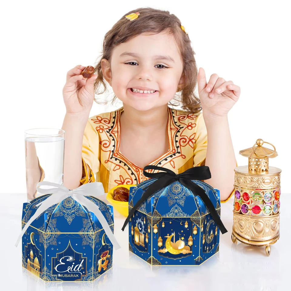 24ks Ramadan Eid Mubarak Moon Gold Light Hexagonal Light Blue Carton For Party Gift Candy Festival