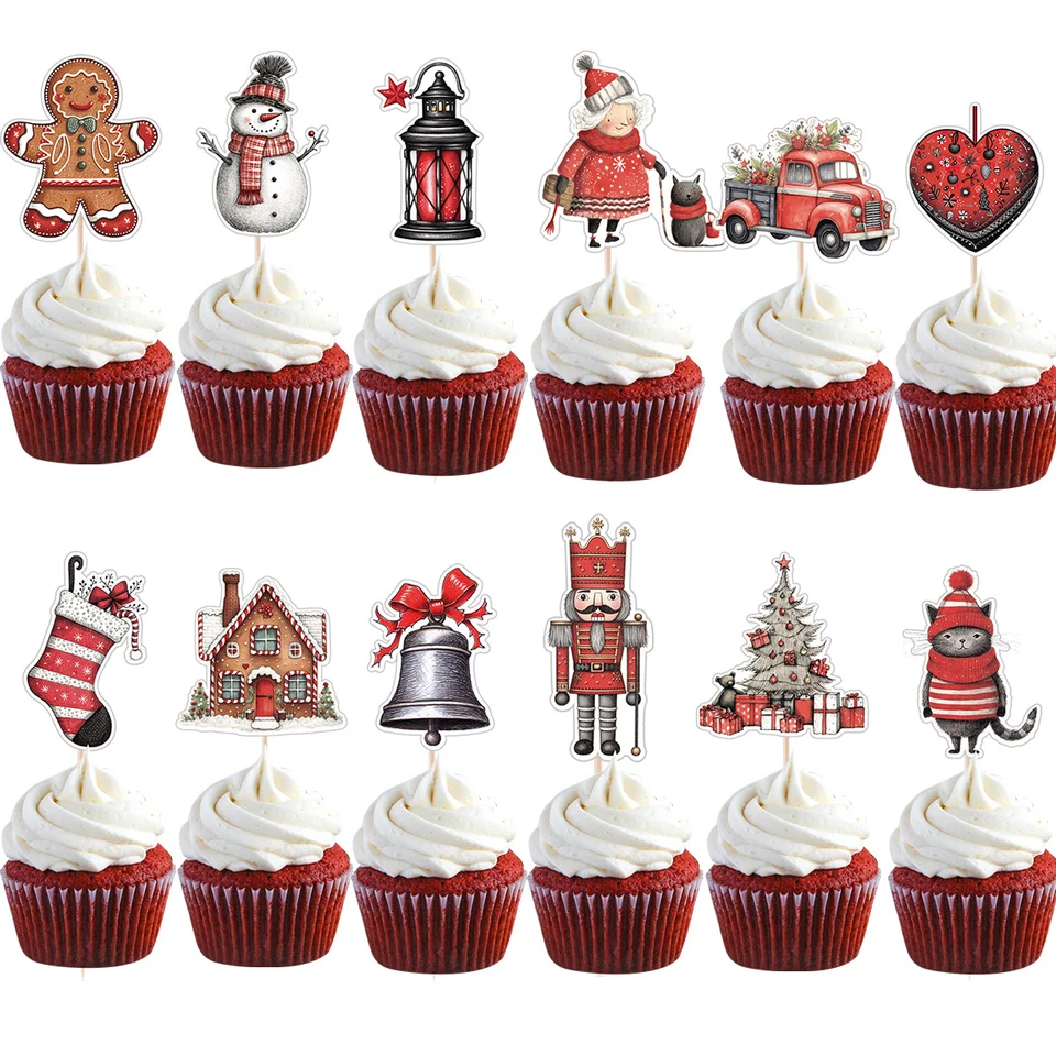 24ks vianočné košíčky Toppers Vintage Red Santa Claus/Snowman Paper Topper pre Noel Vianoce párty dekorácie Diy Darček
