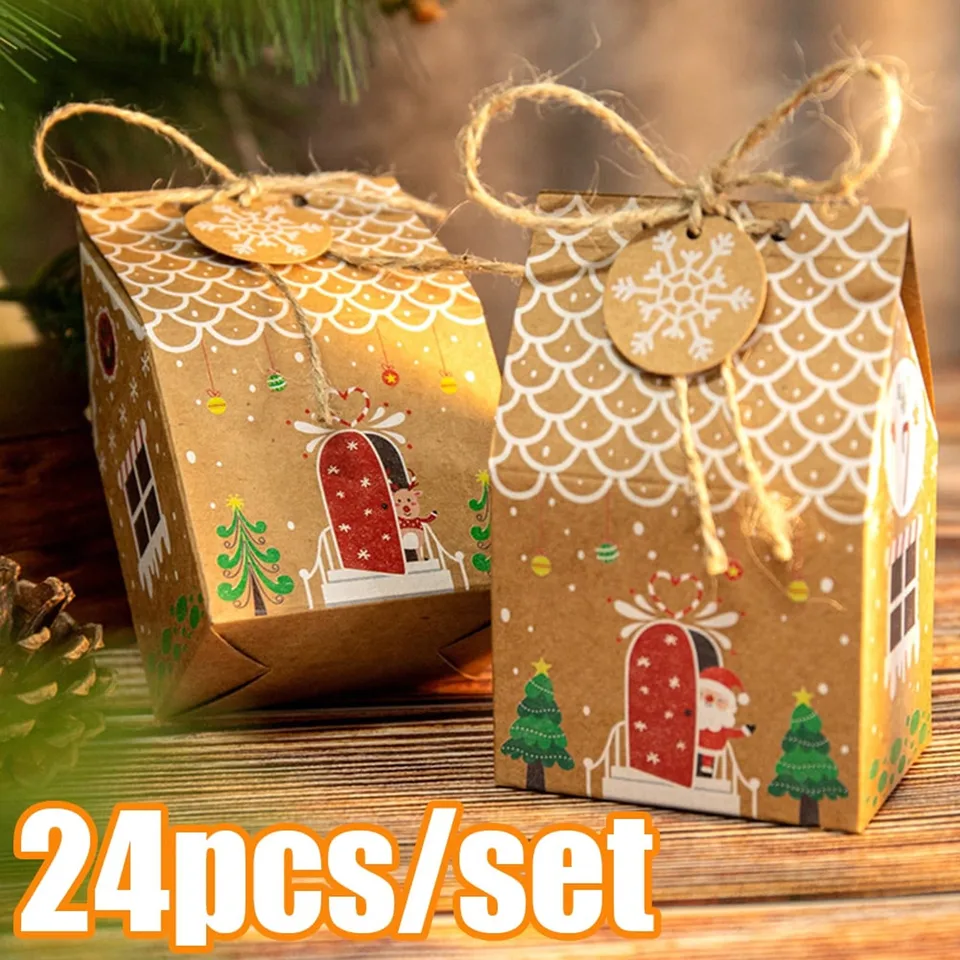 24ks vianočné kraft papierové darčekové boxy adventný kalendár perník dom candy balenie boxu vianočné novoročné párty dekorácia