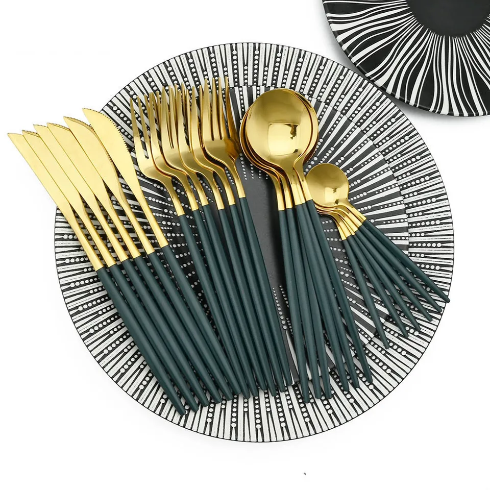 24ks z nehrdzavejúcej ocele súprava kuchyňa Kuchyňa zelené zlaté príbory set nôž na vidlicu lyžičku Spoon tlawware Western Silverware Set