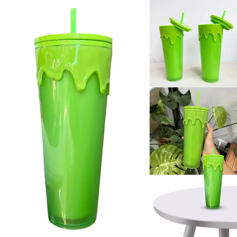 24oz/710 ml láva Halloween Téma plastový pohár s slamkou a slimom zelenej žiary v tme