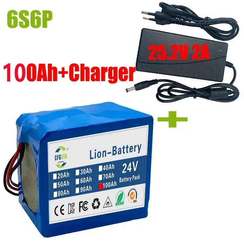 24V 100AH ​​lítiová batéria 6S6P Nabíjateľné batérie batérií Elektrický skútrový bicykel batérie solárne BMS+ nabíjačka