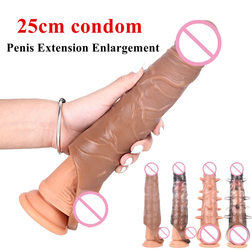 25 cm realistické dildo penis rukáv na predlžovanie kohútu kohút mäkký veľký vták Zväčšenie oneskorenia ejakulácie opakovane použiteľný kondóm mužov sexuálne hračky 18