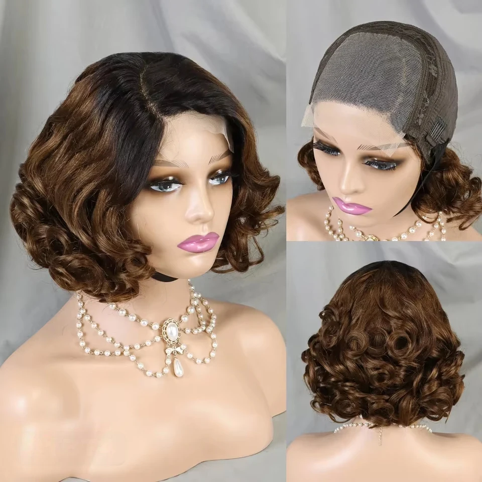 250% Hustota voľnej vlny Guless Bob Bob Parochňa 4*4 Parochne Lace Closure Wigs Zafarbené zvýraznenie indických ľudských vlasov bočná časť parochne skákacie kučeravé kučeravé