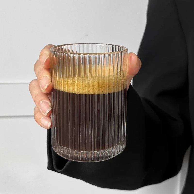 250 ml priehľadný sklenený šálka retro vertikálny pruh okrúhly ústa kavia