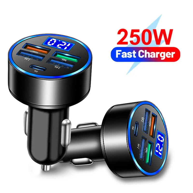 250 W 5 portov nabíjačka auta Rýchle nabíjanie PD QC3.0 USB C Phone nabíjačky typu C Typ C Adaptér v aute pre iPhone Samsung Huawei Xiaomi