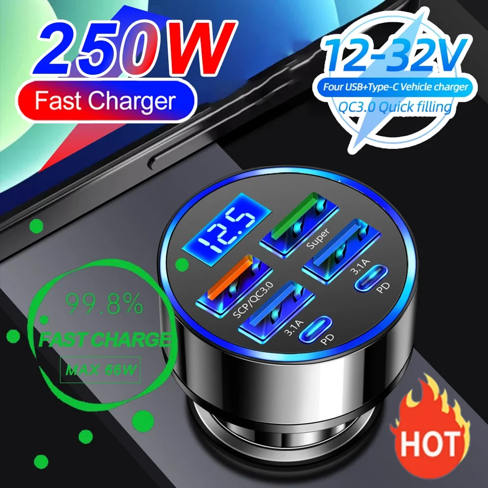 250 W nabíjačka automobilu QC3.0 Rýchly nabíjanie cigarety 6-v-1 Zapaľovač