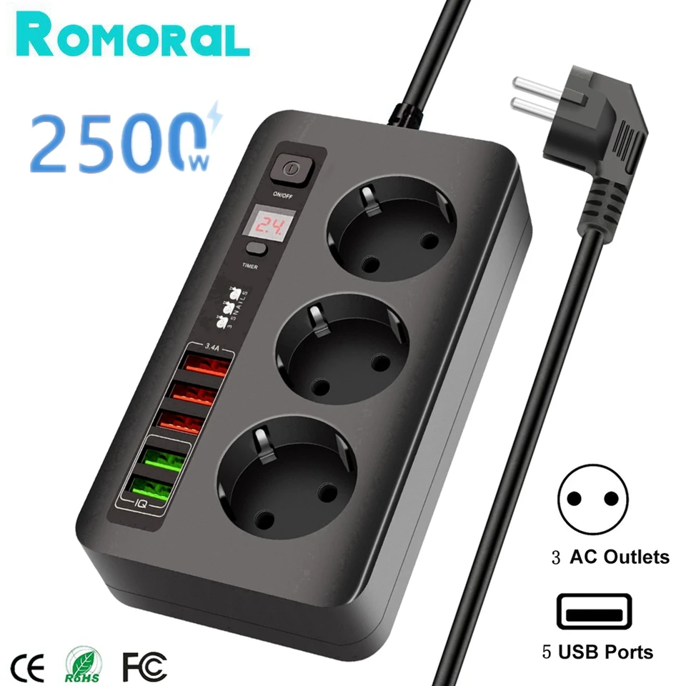 2500 W EÚ Plug Power Strip 3 Jack zásuvky 5 USB Nabíjacie porty Smart Timér Socket 2M Extension For pre domácu kanceláriu pre PC TV