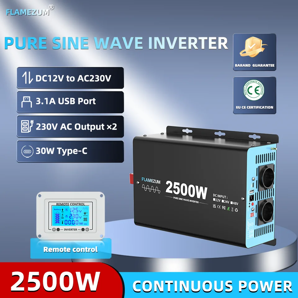 2500 W Kontinuálny výkon čistý sínusový vlnový menič maximálny výkon 5000W DC 12V až AC 230V 50Hz EU Socket LCD CAR Voltmeter Converter