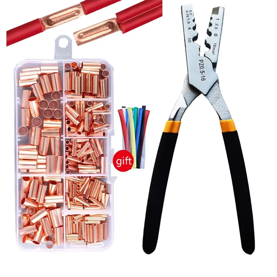 250ks gt medený spojovací potrubný drôt kĺb s malými medenými trubicovými káblami kábla Bootlace Ferrule Kit s klieštmi