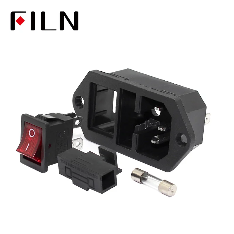 250V Red Lamp Rocker Switch Novec 3 Pin Male Bezpečná zásuvka IEC320 C14 Vstupný konektor