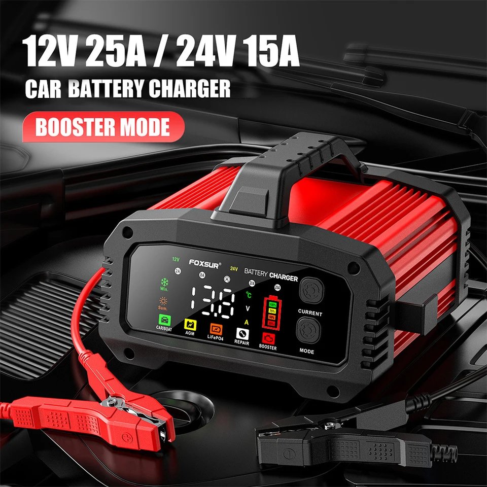 25A/15A prenosný automobilový pulz oprava pulzov inteligentná nabíjačka s batériou pre 12 V-24V olovená kyselina Agm Gel LifePo4 batérie