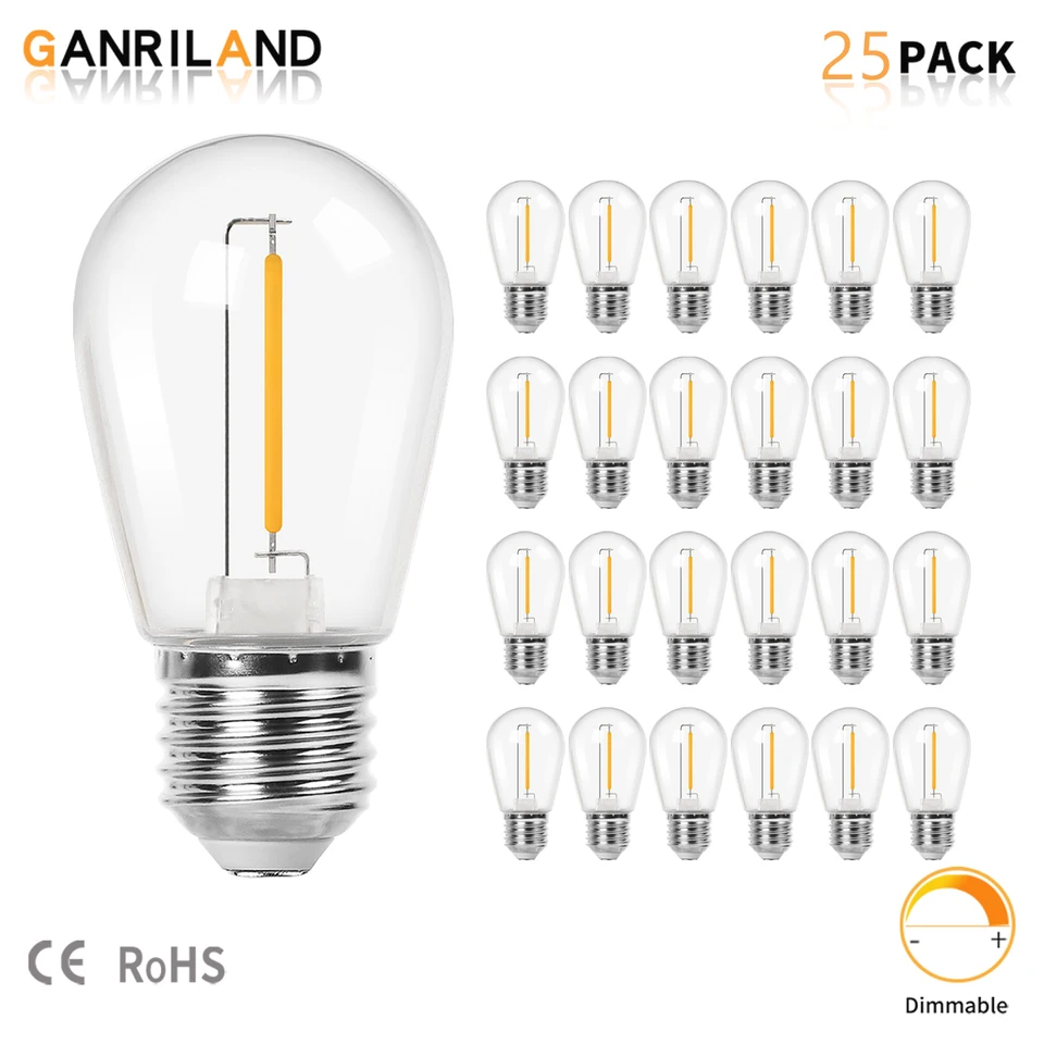 25ks LED S14 Náhradné žiarovky Shatterproof E27 Stredná základňa 1W 2W Edison Vintage Plastové žiarovky rovnajúce sa 11W záhradnej dekorácii
