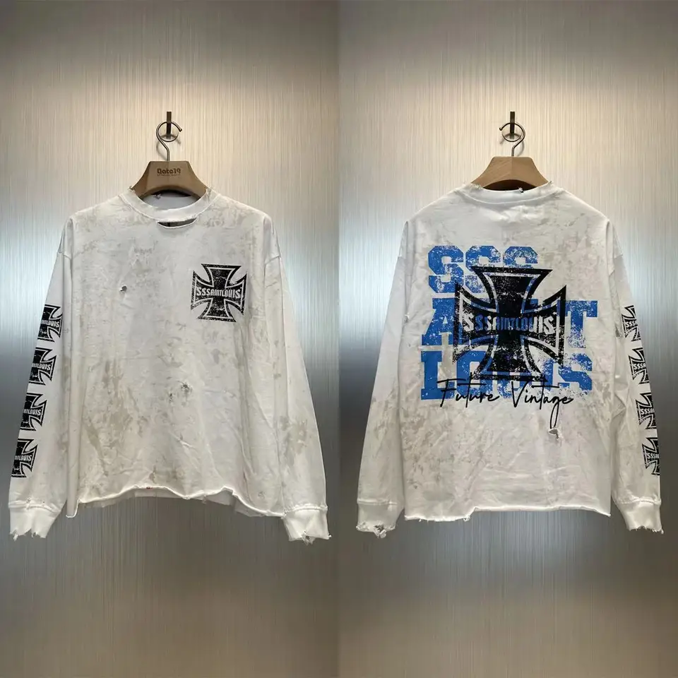 25SS Skutočné fotografie pánske oblečenie Saint Vintage Tričko s dlhým rukávom American High Street Ripped Letter Tlač Tričko s dlhým rukávom
