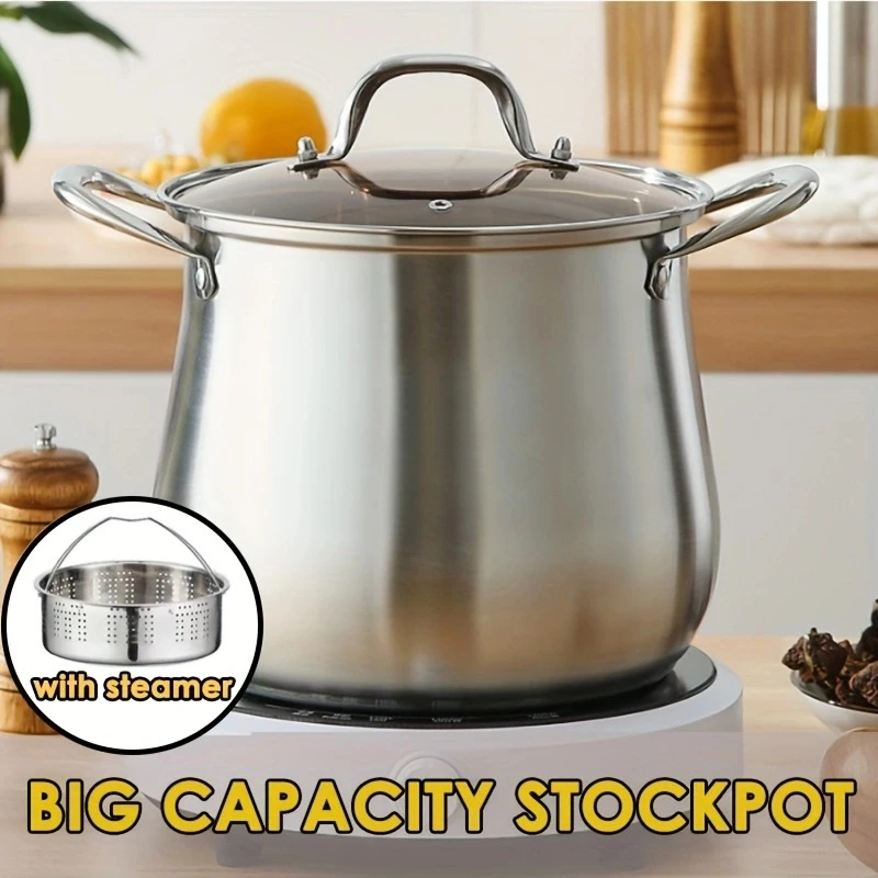 26 cm/9,4qt z nehrdzavejúcej ocele Stockpot s parným setom s veľkým brušným tvarom varenia, kuchynského riadu s veľkou kapacitou, temperované sklenené veko