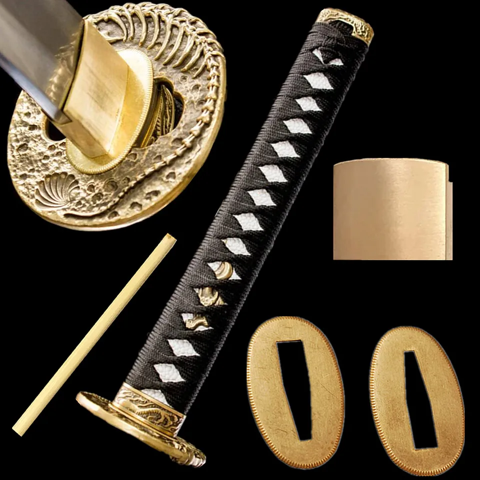 26 cm Tsuka set mosadz japonský strážny meč strážky katany katana tsuba+rukoväť+menu+fuchi+kashira+habaki+príslušenstvo seppa