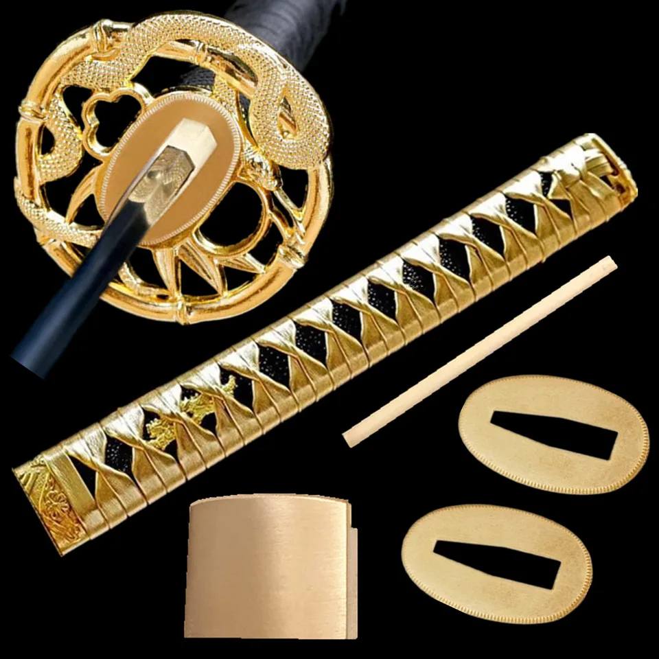 26 cm Zlatá koža Tsuka pre japonský samurai katana meč strážca sada hadí tsuba+menuki+fuchi+kashira+rukoväť+habaki+se