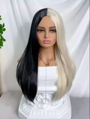 26 -palcová syntetická parochňa dlhé čierne a biele vlasy odolné voči tepelné parochne pre party Halloween kostým