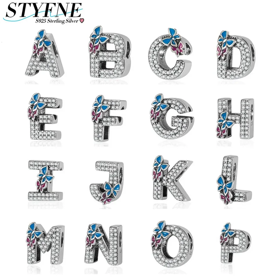 26 písmen séria modrého motýľa Zirkón Charm 925 Sterling Silver for Women DIY Originálny náramok jemné šperky darček