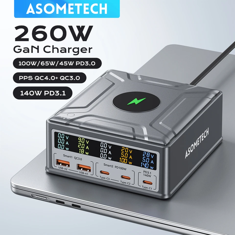 260W USB C GAN Charger Wireless Charger QC3.0 PD3.1 140W USB Typ C Rýchla nabíjačka pre MacBook Pro Tablet iPhone 14 Samsung Xiaomi