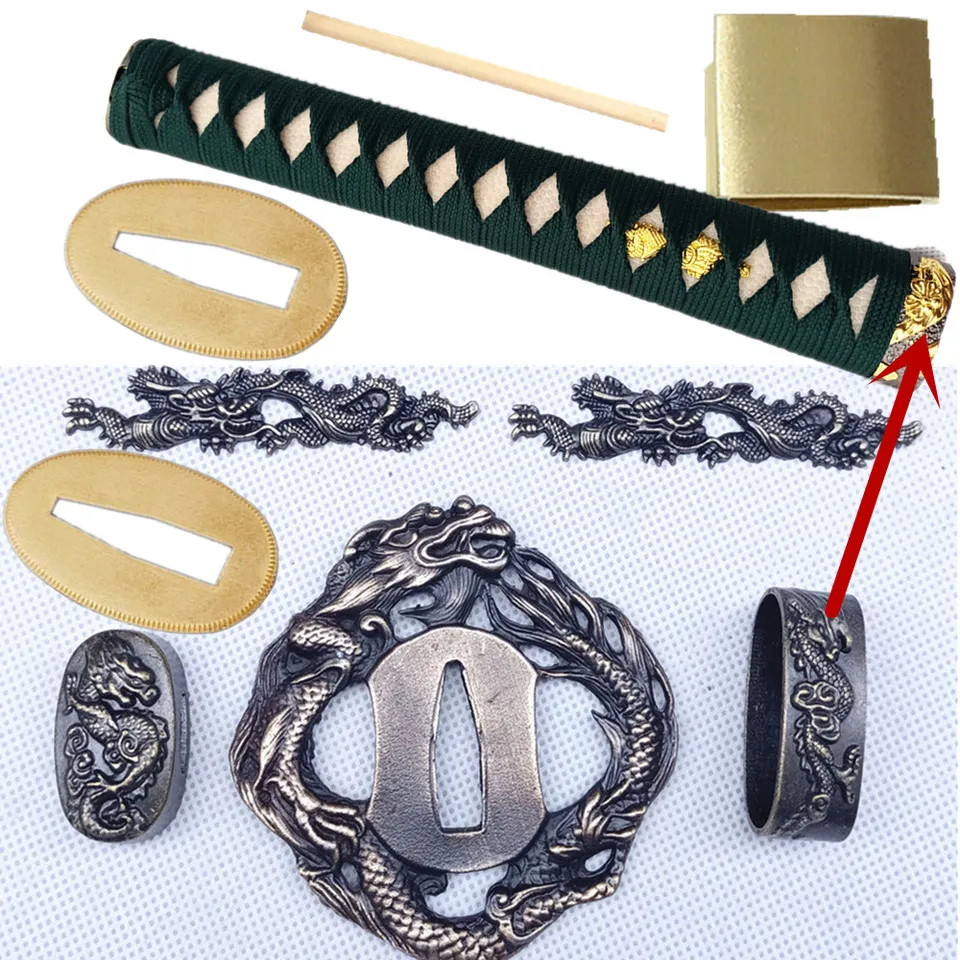 26cm Tsuka Real Katana Japonský samurajský meč Wakizashi/Tanto Set Dragon Tsuba+menuki+fuchi+kashira+habaki+seppa+rukoväť